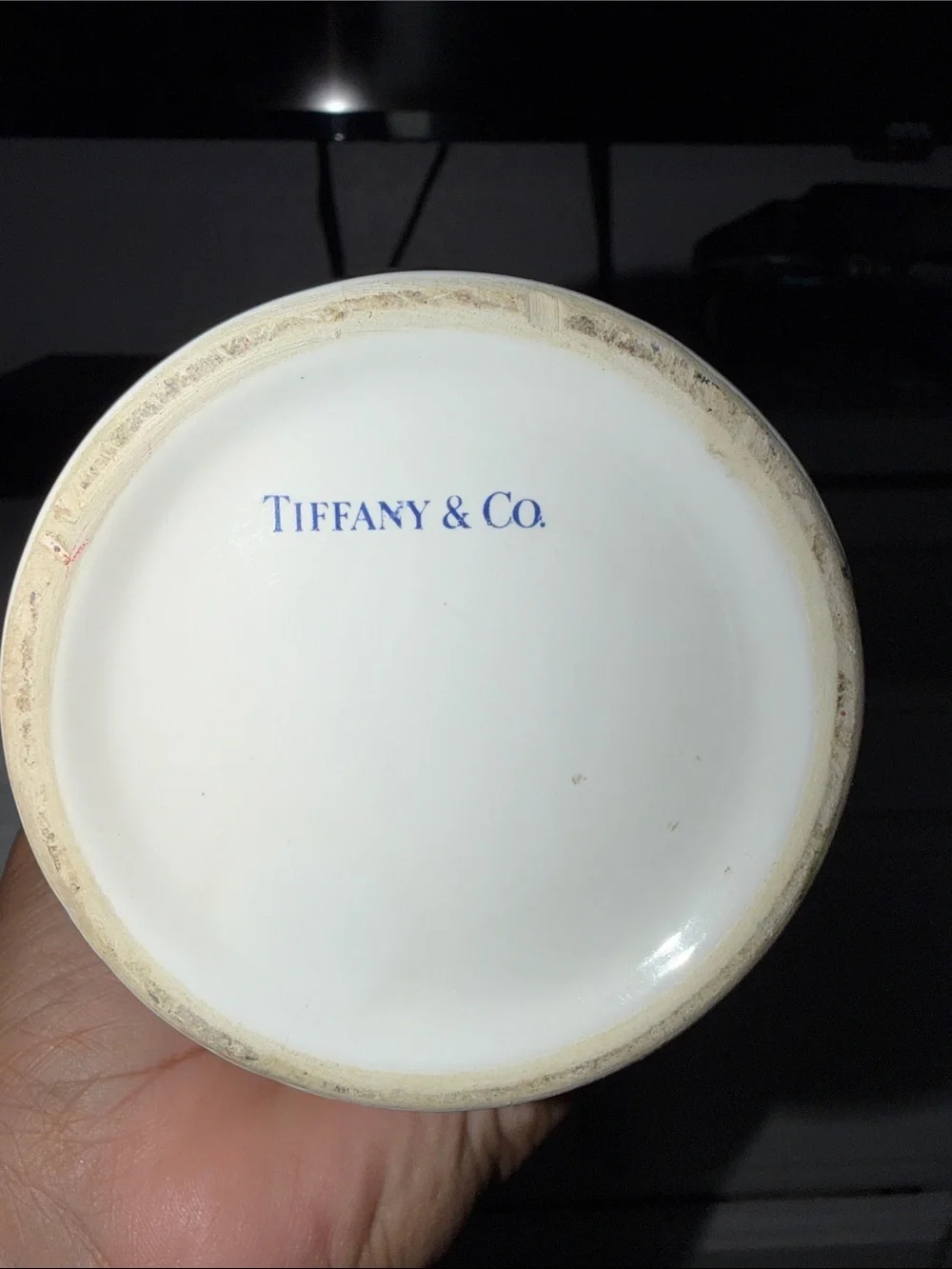 Tiffany & Co. White Ceramic Vase with Pink Floral Motif and Green Trim